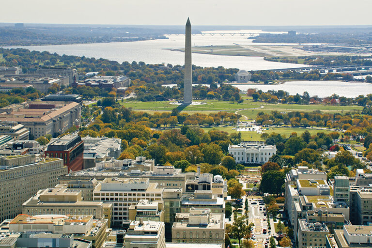 An aerial shot of Washington, D.C.
